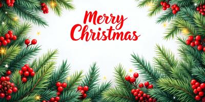 Merry Christmas: A Christmas tree with red berries and green leaves, with the words "Merry Christmas" written in red. The tree is surrounded by a white background.